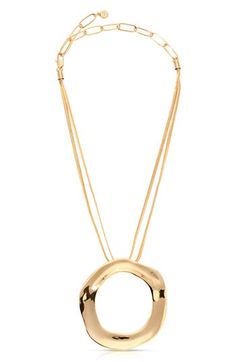 Bring focal shine to any outfit with this endlessly layerable necklace showcasing a sculptural open circle pendant. 11" length; 5" extender; 2 1/4" diameter pendant Lobster clasp closure 18k gold plate or silver plate Imported Unique Gold Necklace With Large Pendant, Statement Necklaces Amazon, Jewelry Statement, Chic Gold Plated Pendant Necklace, Gold Necklace Statement, Statement Pendant Necklace, Stainless Steel Gold Jewelry, Statement Necklace Gold, Trendy Necklace
