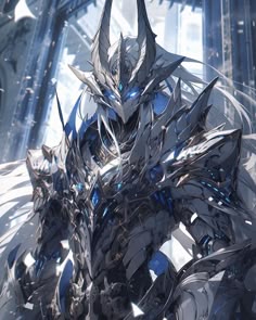 a robot like creature standing in front of a large structure with blue lights on it