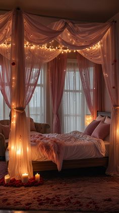 a bedroom decorated in pink and white with fairy lights on the ceiling, bedding and curtains