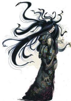 a drawing of a woman with long black hair