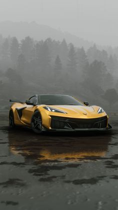a yellow sports car parked in the rain