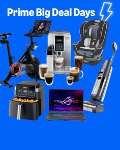 the words prime big deal days are overlaid by images of various items and devices