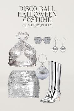 a silver outfit and accessories are featured in the ad for disco ball halloween costume styled by peachy