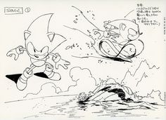 an ink drawing of sonic the hedgehog being chased by another character