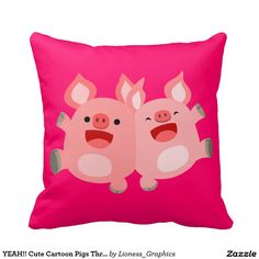 two pink pigs are sitting together on a bright pink pillow with the words yeah cute cartoon pig