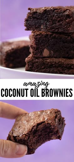 chocolate brownies stacked on top of each other with the words amazing coconut oil brownies