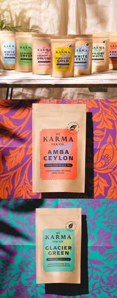 some tea bags are sitting on a shelf