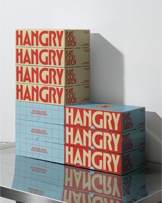 three boxes stacked on top of each other with the words hangry hungry printed on them
