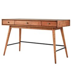 a wooden desk with two drawers on it