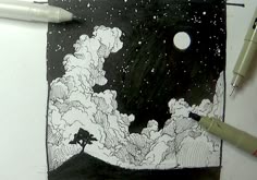 a black and white drawing of the night sky with clouds, stars and a tree