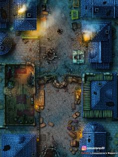 an overhead view of a city with lots of blue buildings and green trees in the background