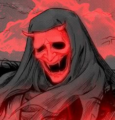 a drawing of a demonic demon with long hair and fangs on it's face