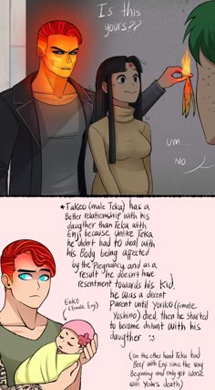 two people with different hair styles, one is holding a baby and the other has an orange