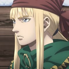 an anime character with long blonde hair wearing a red bandana and green shirt looking to the side