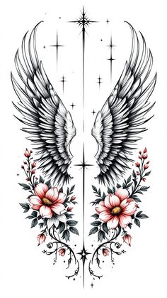 an artistic tattoo design with flowers and wings