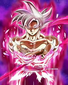 an image of gohan with his arms crossed in front of purple and pink background