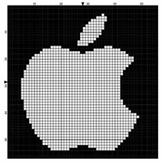 an apple pixeled in black and white with the letter'c'on it