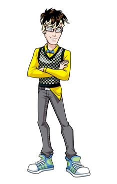 a young man with his arms crossed standing in front of the camera, wearing glasses and a yellow sweater