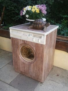 a tortoise shell sitting on top of a washing machine with flowers in it