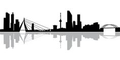 a black and white silhouette of a cityscape with the skyline reflected in water