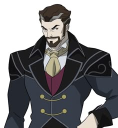 an animated image of a man in a suit and tie with his hands on his hips