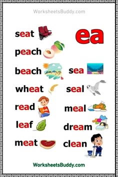a poster with words and pictures to describe what is in each word, including the letter e
