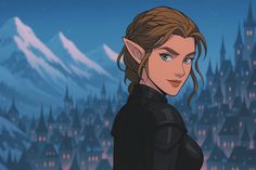 an animated image of a young woman in front of a castle with snow capped mountains