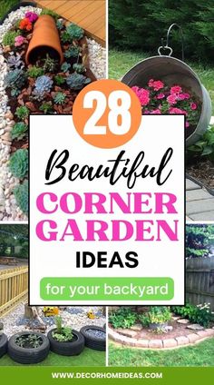 several different pictures with the words beautiful corner garden ideas for your backyard on top of them