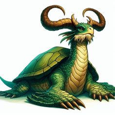 a green and yellow dragon like creature sitting on top of a white surface with long horns