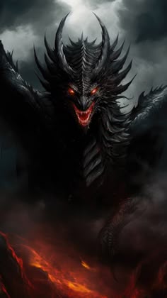 a demonic creature with large, sharp teeth on its face and red eyes in front of dark clouds