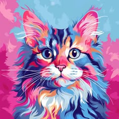 a colorful cat with blue eyes and pink background is featured in this painting by numbers