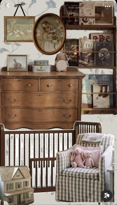 a baby's room with furniture and pictures on the wall