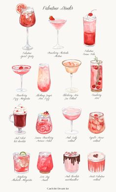 a watercolor drawing of different types of drinks and their names on the drink list