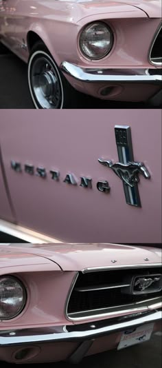 two pictures of the front and side of a pink mustang with chrome lettering on it