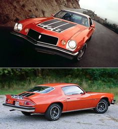 two pictures of an orange muscle car on the left and right side of the image