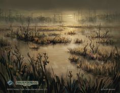 an oil painting of swampy marshland in the foggy sun set with trees and grass