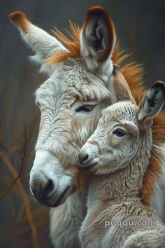 two baby donkeys cuddle together in the woods