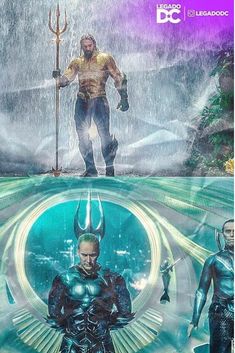 an image of two men standing in the rain and one is holding a spear with his hands