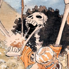 a drawing of a skeleton holding a baseball bat in it's mouth with another person behind him