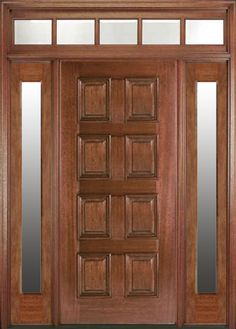a wooden door with mirrored glass and sidelights on the front entrance to a home