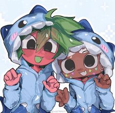 two cartoon characters hugging each other in the snow