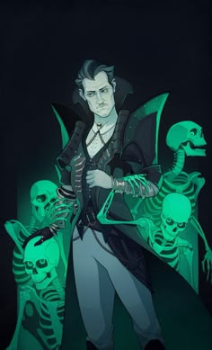 an image of a man standing in front of skeletons