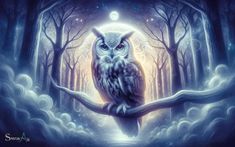 an owl sitting on top of a tree branch in the middle of a dark forest
