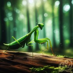a green praying mantissa sitting on top of a log in the middle of a forest