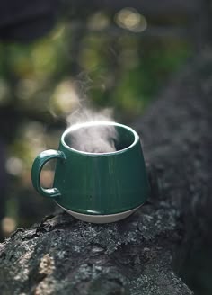 a cup with steam rising from it sitting on a tree branch