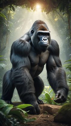 a large gorilla standing in the middle of a forest