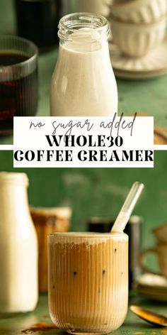 a glass jar filled with coffee creamer sitting on top of a table