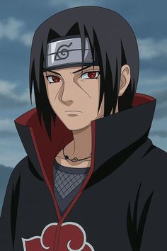 a man with black hair and red eyes wearing a hoodie in front of a cloudy sky