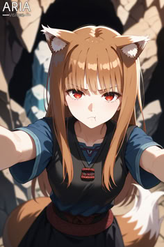 an anime character with long blonde hair and red eyes, standing in front of rocks