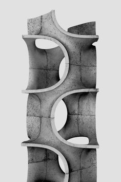 an abstract sculpture made out of concrete with holes in the center and two shelves on each side
